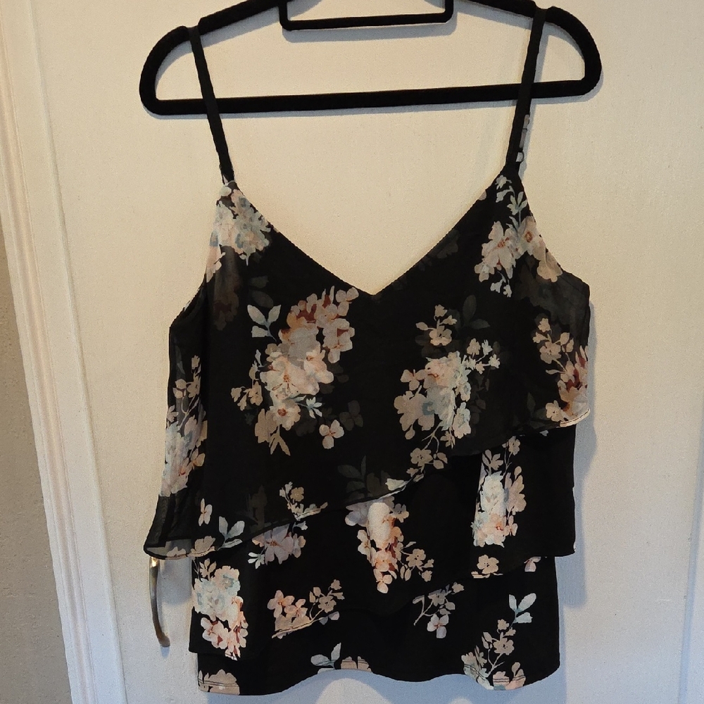 White House Black Market WHBM Black Floral Layered Camisole M